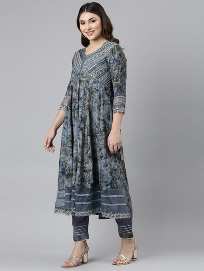 Neeru's Blue Regular Straight Printed Readymade suits