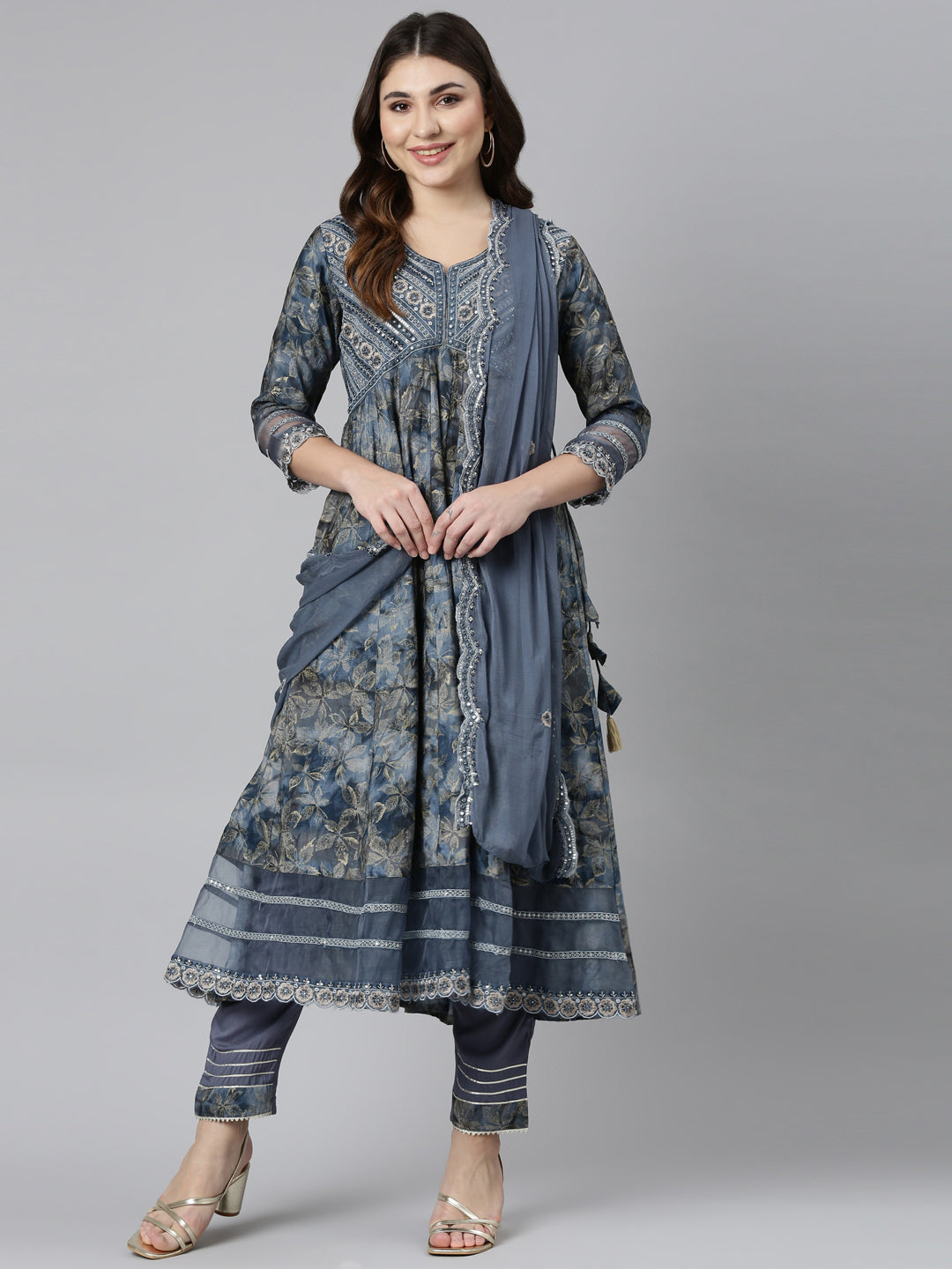 Neeru's Blue Regular Straight Printed Readymade suits