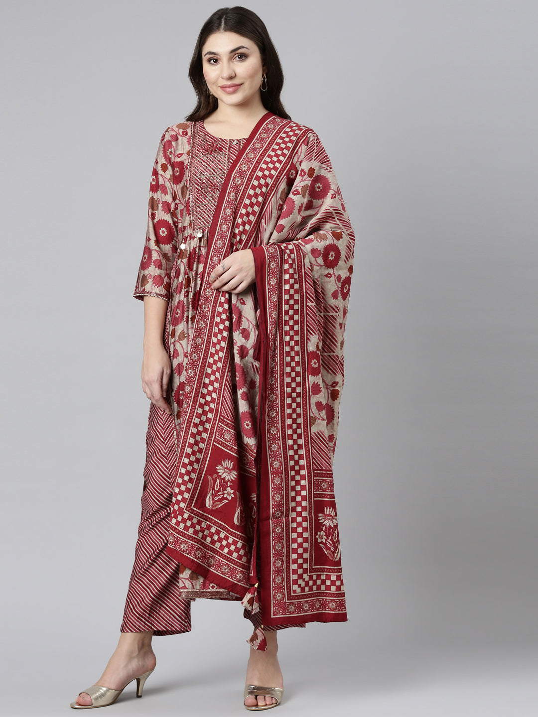 Neeru's Maroon Pleated Straight Printed Readymade suits