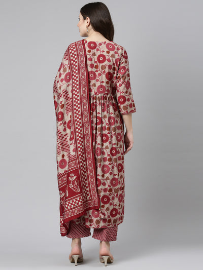 Neeru's Maroon Pleated Straight Printed Readymade suits