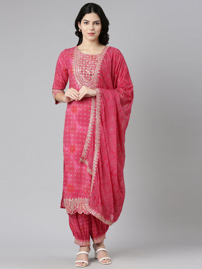 Neeru's Pink Regular Straight Printed Kurta And Salwar With Dupatta