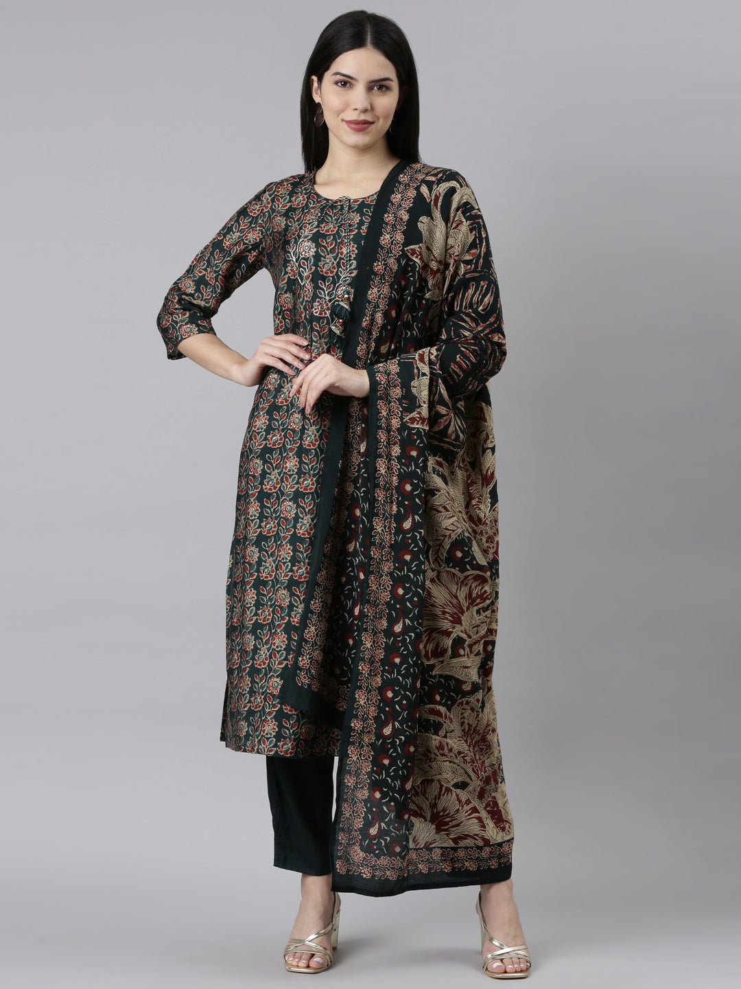 Neeru's Green Regular Straight Solid Kurta And Trousers With Dupatta