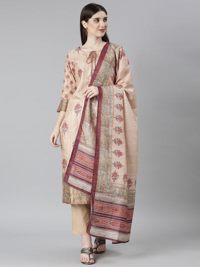 Neerus Beige Regular Straight Floral Kurta And Trousers With Dupatta