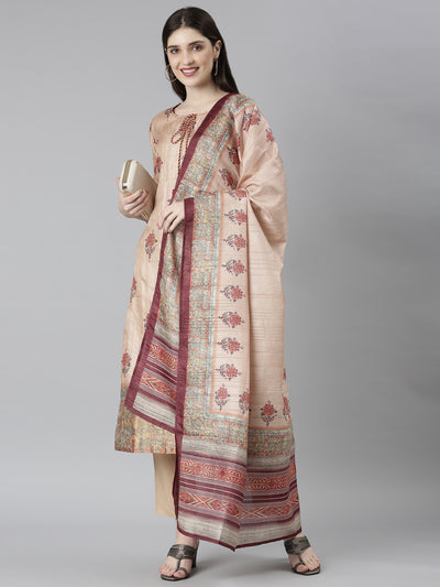 Neerus Beige Regular Straight Floral Kurta And Trousers With Dupatta