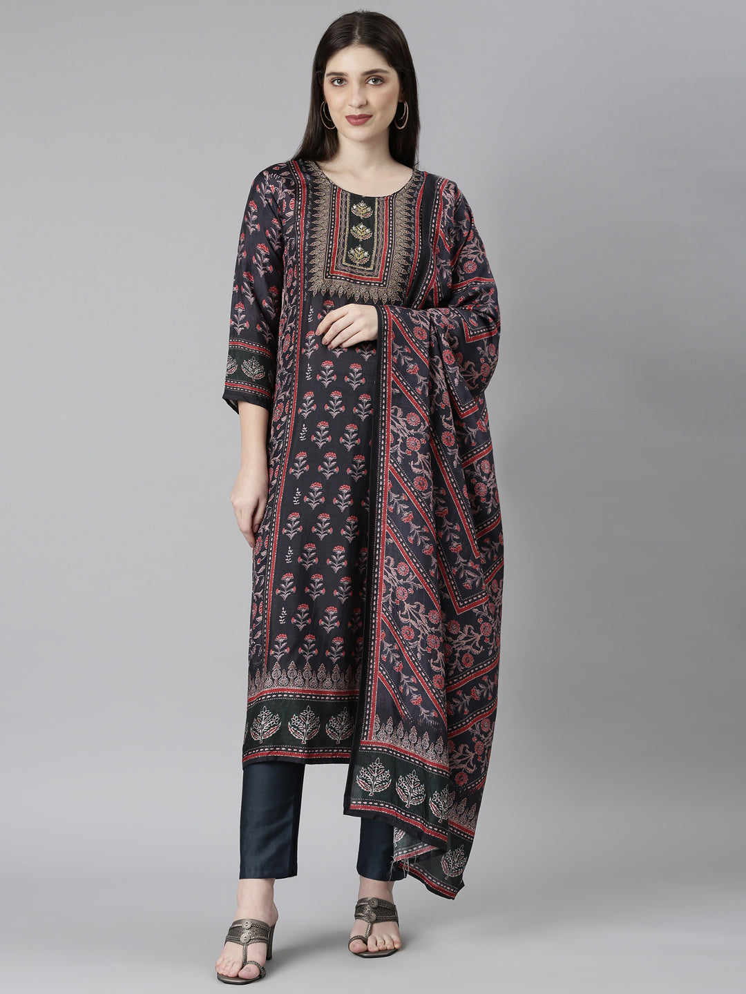 Neerus Black Regular Straight Floral Kurta And Trousers With Dupatta