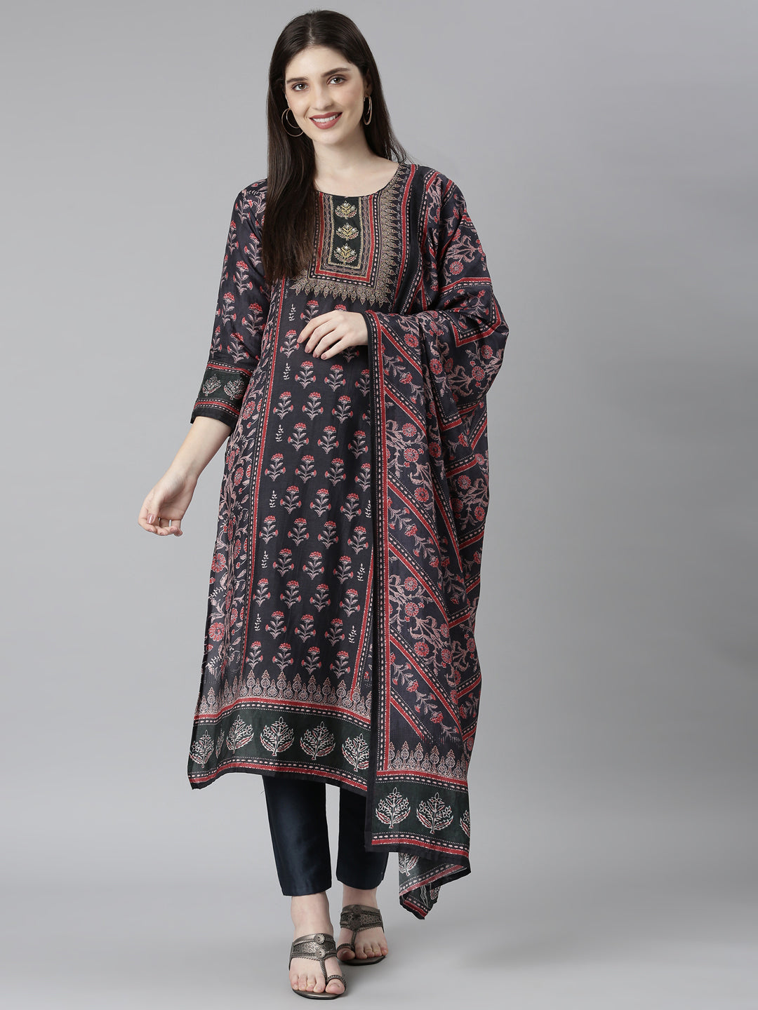 Neerus Black Regular Straight Floral Kurta And Trousers With Dupatta