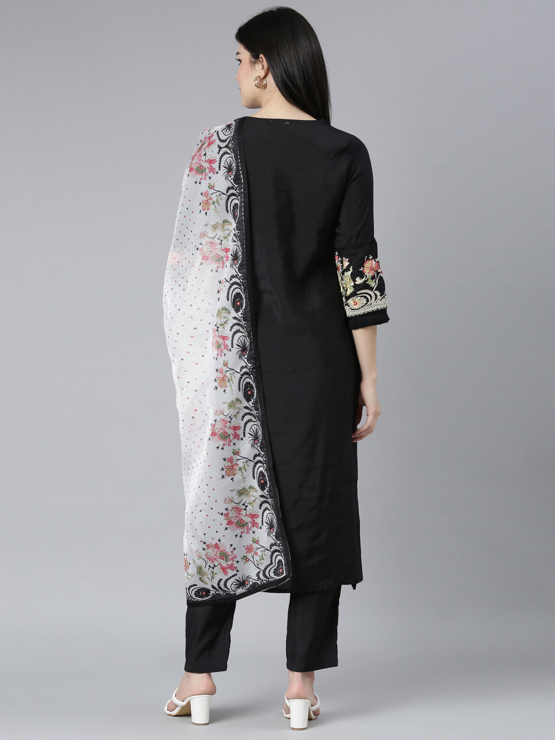 Neerus Black Regular Straight Floral Kurta And Trousers With Dupatta