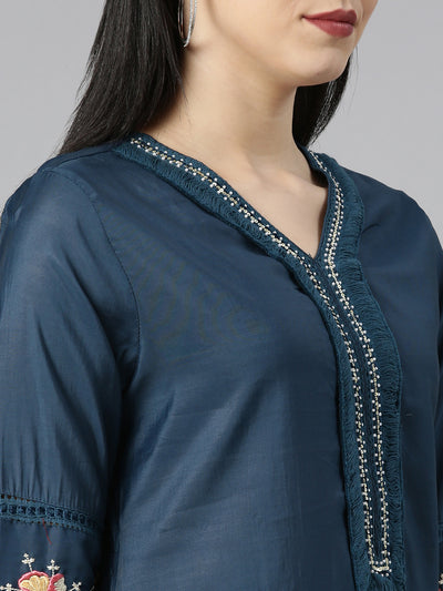 Neerus Blue Regular Straight Floral Kurta And Trousers With Dupatta