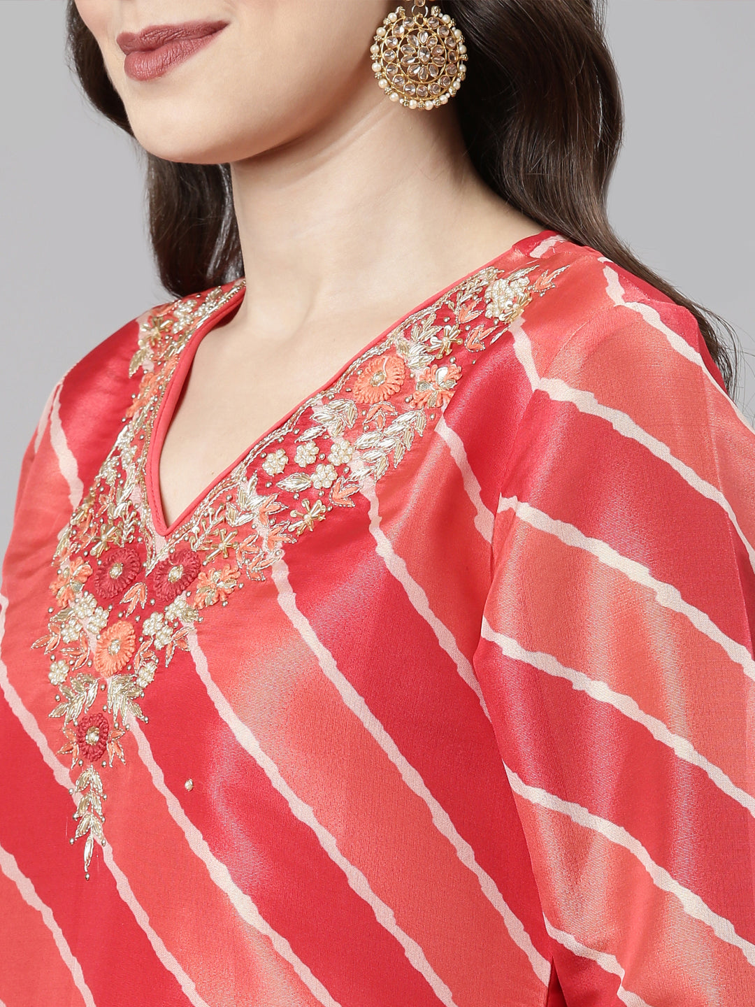 Neerus Red Casual Leheriya Straight Kurta and Trousers With Dupatta