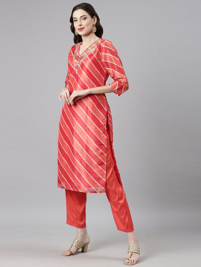 Neerus Red Casual Leheriya Straight Kurta and Trousers With Dupatta