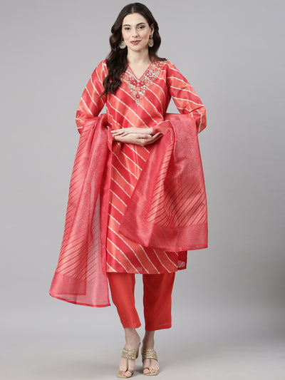 Neerus Red Casual Leheriya Straight Kurta and Trousers With Dupatta