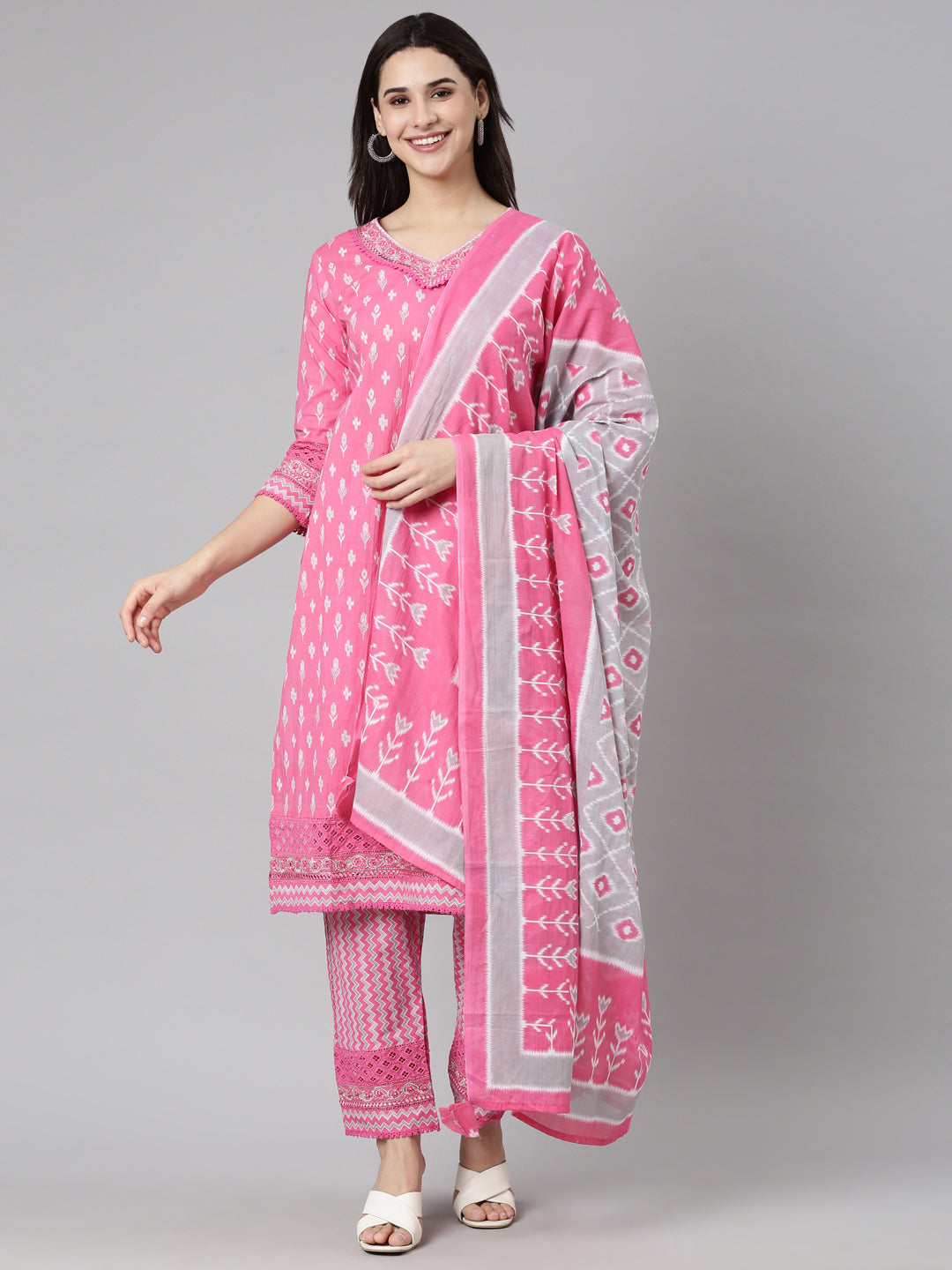 Neerus Pink Regular Straight Floral Kurta And  Trousers With Dupatta