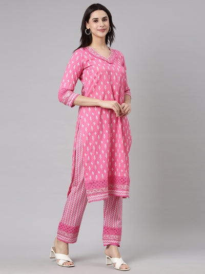 Neerus Pink Regular Straight Floral Kurta And  Trousers With Dupatta