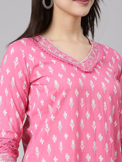 Neerus Pink Regular Straight Floral Kurta And  Trousers With Dupatta