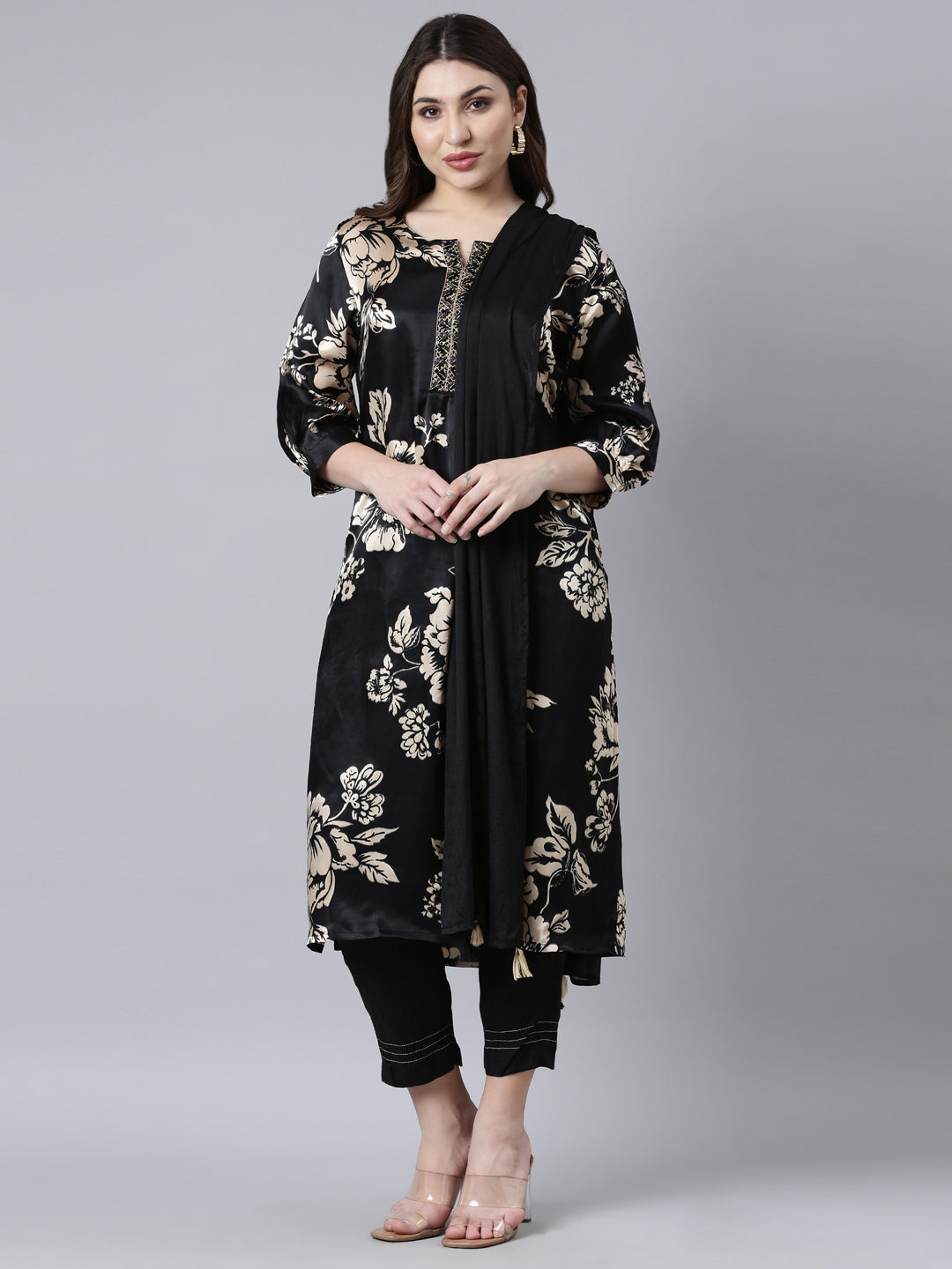 Neerus Black Regular Straight Floral Kurta And Trousers With Dupatta