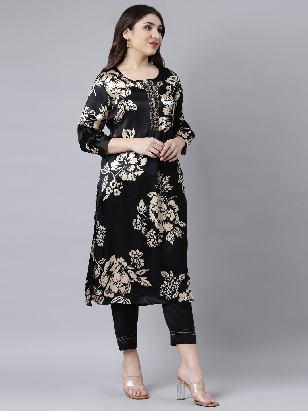 Neerus Black Regular Straight Floral Kurta And Trousers With Dupatta