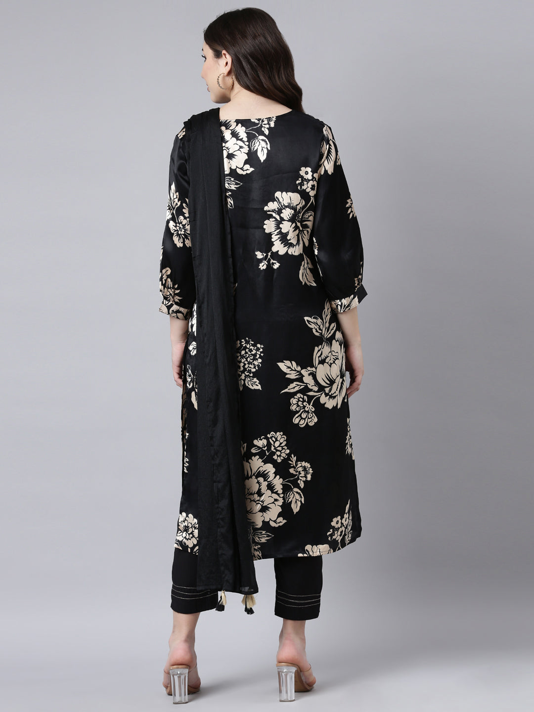 Neerus Black Regular Straight Floral Kurta And Trousers With Dupatta