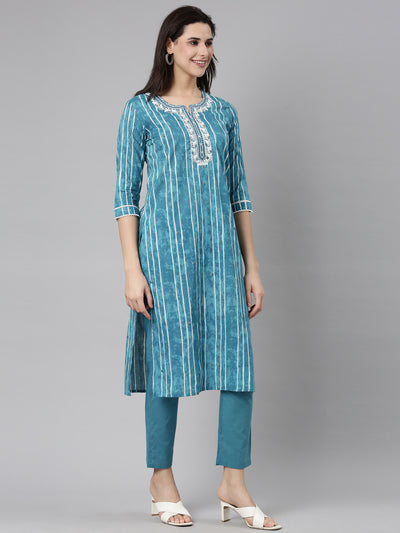 Neerus Blue Regular Straight Striped Kurta And  Trousers With Dupatta