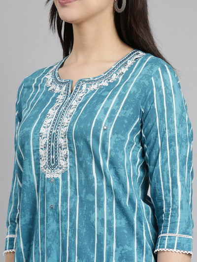 Neerus Blue Regular Straight Striped Kurta And  Trousers With Dupatta