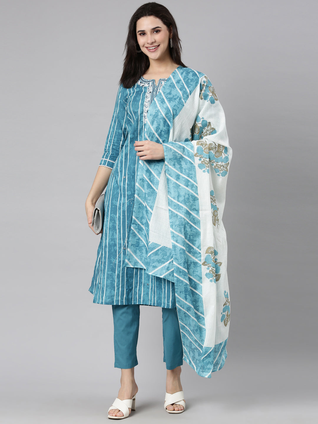 Neerus Blue Regular Straight Striped Kurta And  Trousers With Dupatta