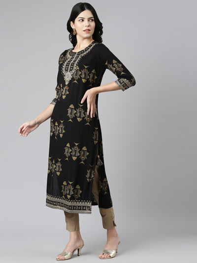 Neeru's Black Regular Straight Printed Kurtas