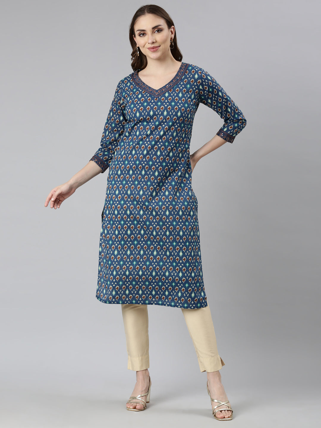 Neerus Blue Regular Straight Woven Design Kurtas