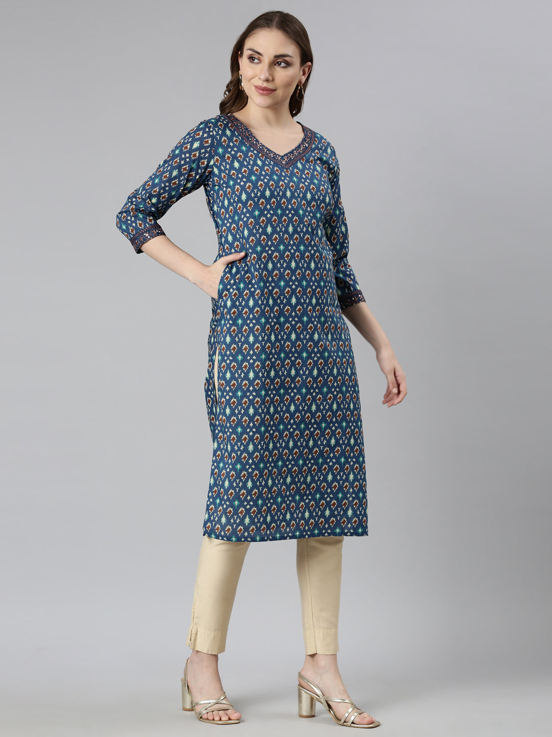 Neerus Blue Regular Straight Woven Design Kurtas