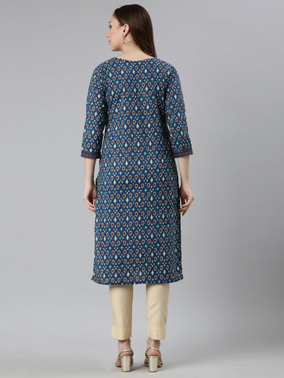 Neerus Blue Regular Straight Woven Design Kurtas