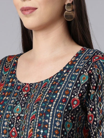 Neerus Blue Straight Casual Embellished Straight Kurtas