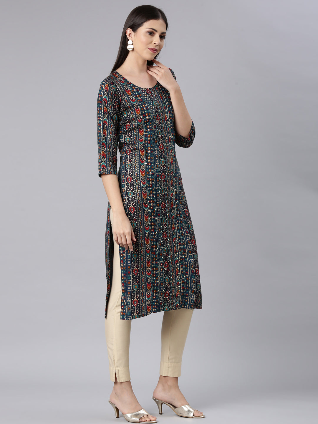 Neerus Blue Straight Casual Embellished Straight Kurtas