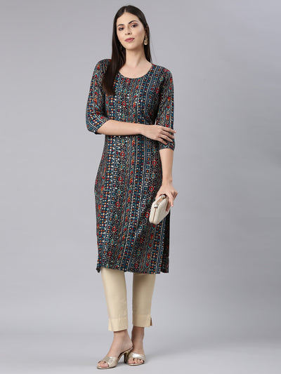 Neerus Blue Straight Casual Embellished Straight Kurtas