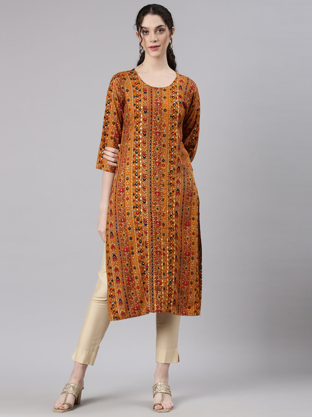 Neerus Mustard Straight Casual Embellished Kurtas