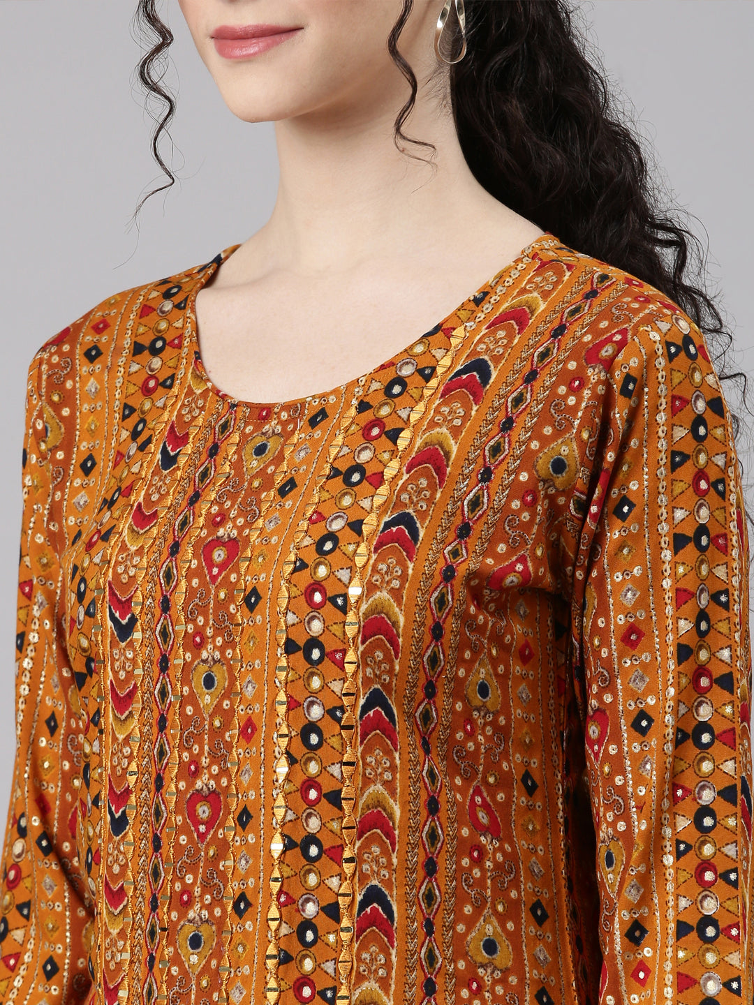 Neerus Mustard Straight Casual Embellished Kurtas