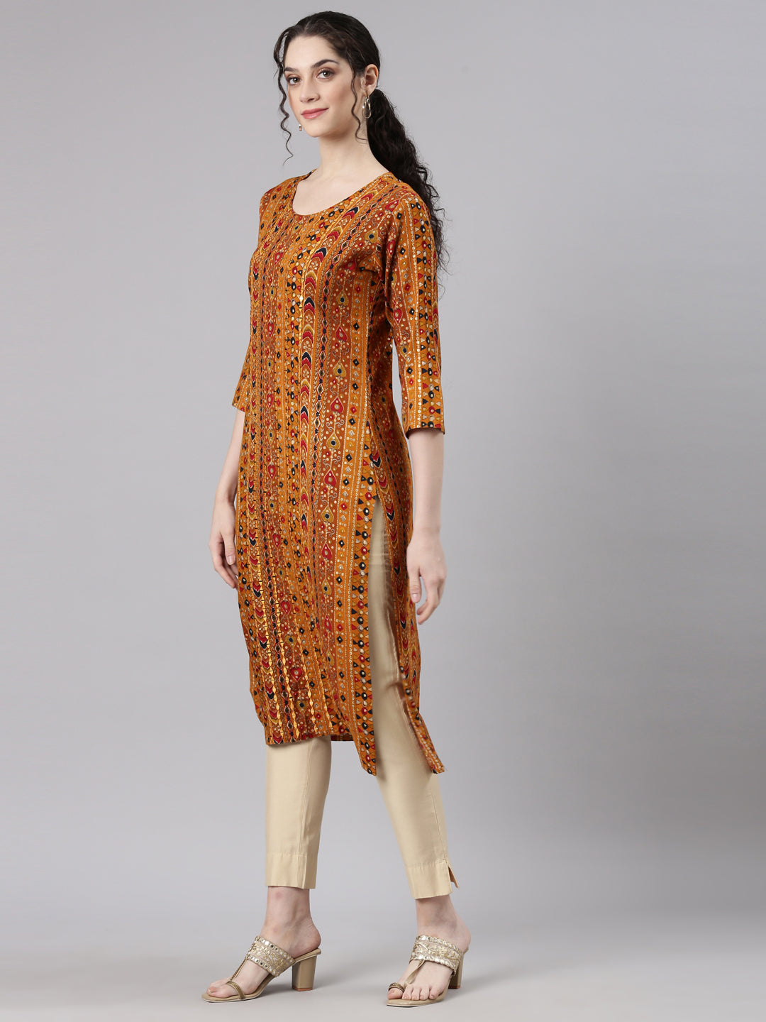 Neerus Mustard Straight Casual Embellished Kurtas