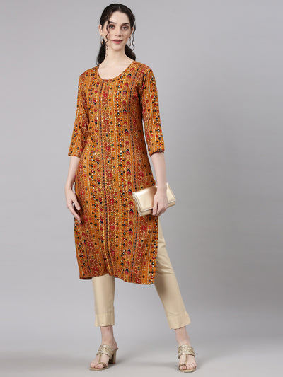 Neerus Mustard Straight Casual Embellished Kurtas