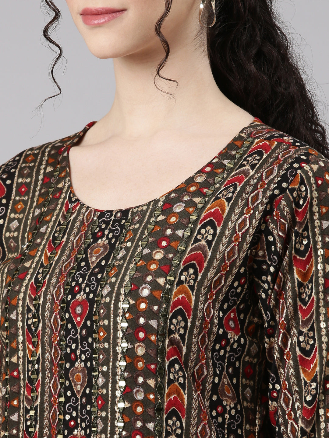 Neerus Olive Straight Casual Embellished Kurtas