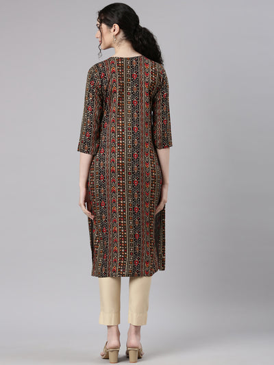 Neerus Olive Straight Casual Embellished Kurtas