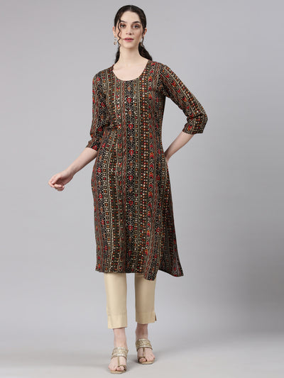 Neerus Olive Straight Casual Embellished Kurtas