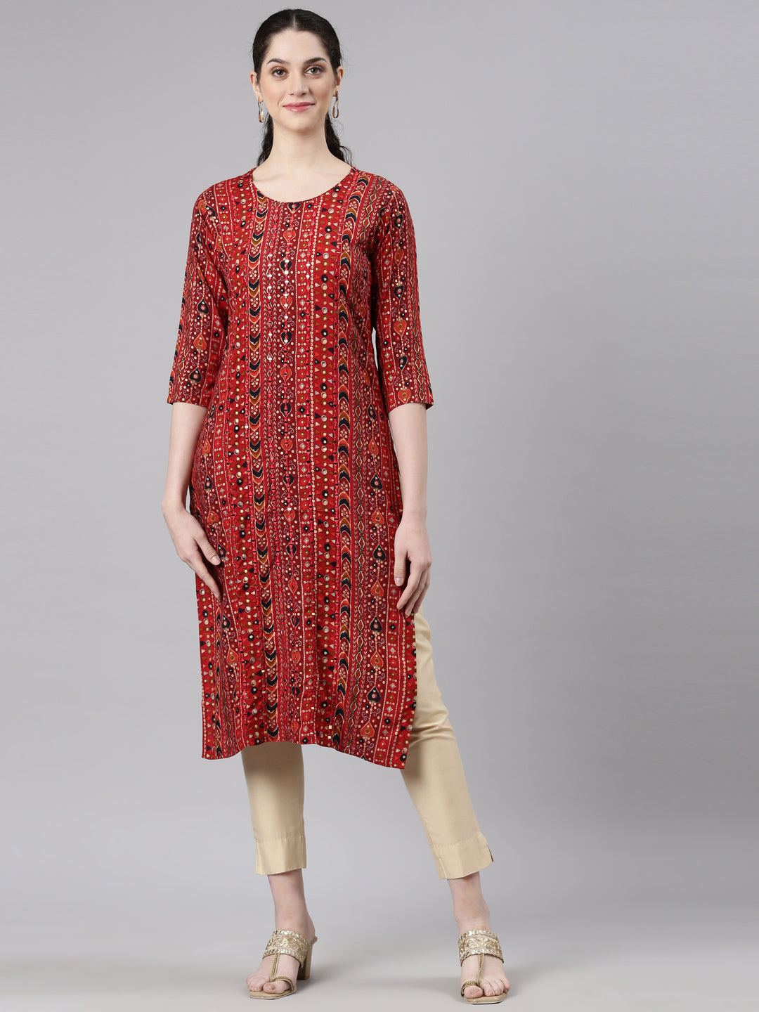 Neerus Red Straight Casual Embellished Kurtas