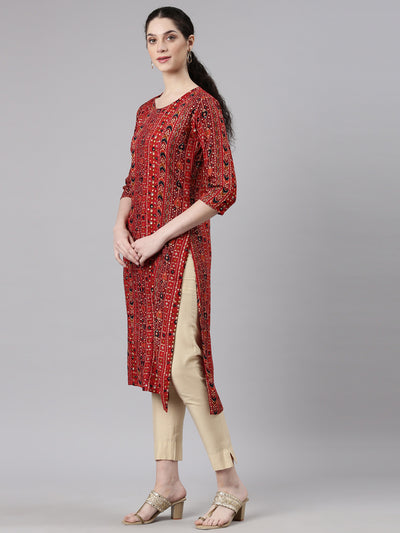 Neerus Red Straight Casual Embellished Kurtas