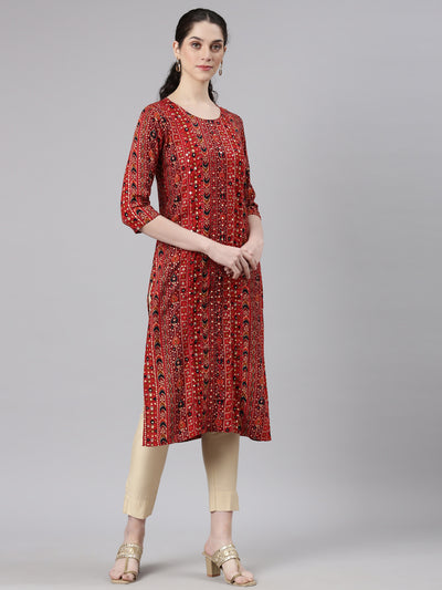 Neerus Red Straight Casual Embellished Kurtas