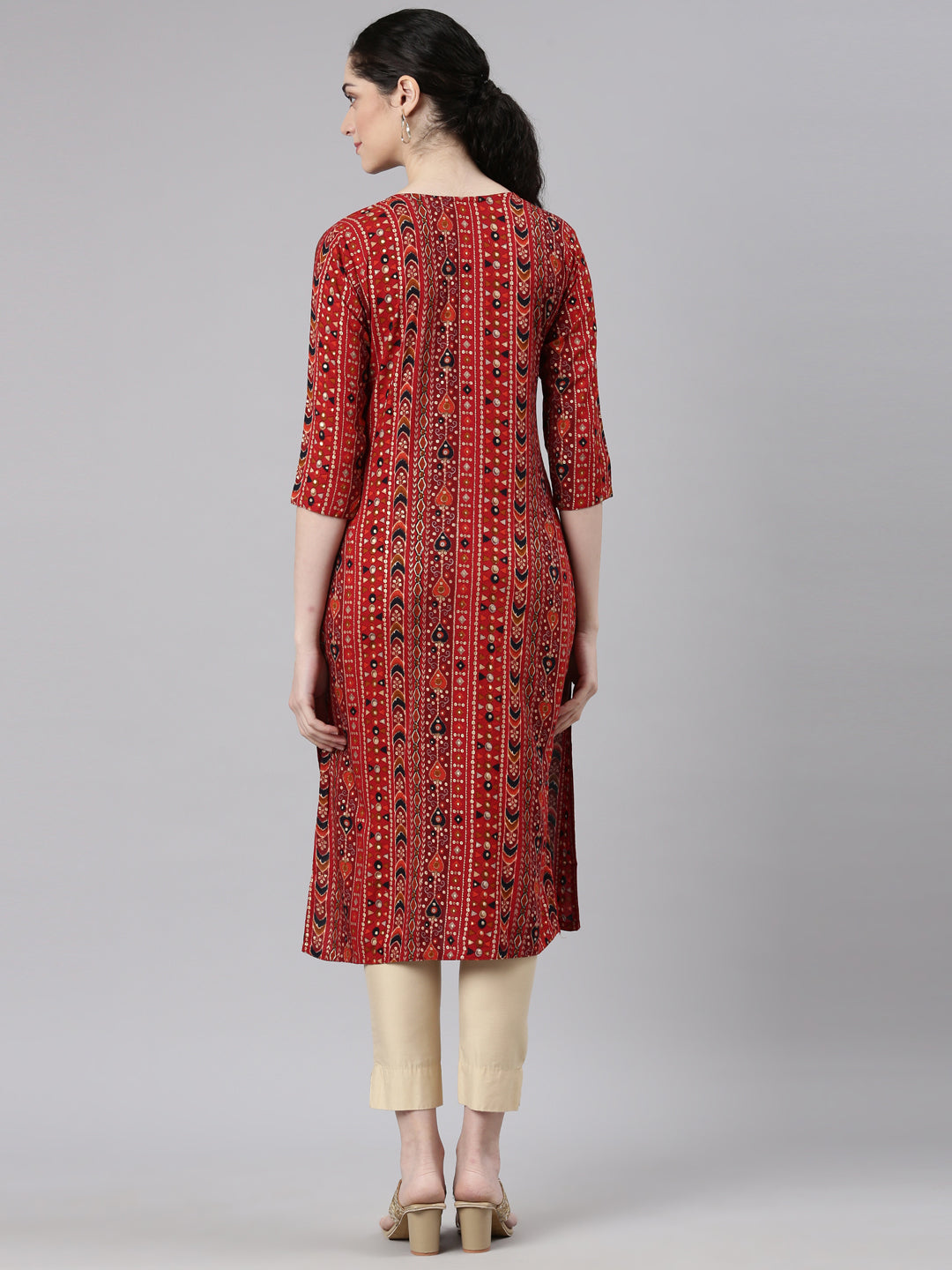 Neerus Red Straight Casual Embellished Kurtas