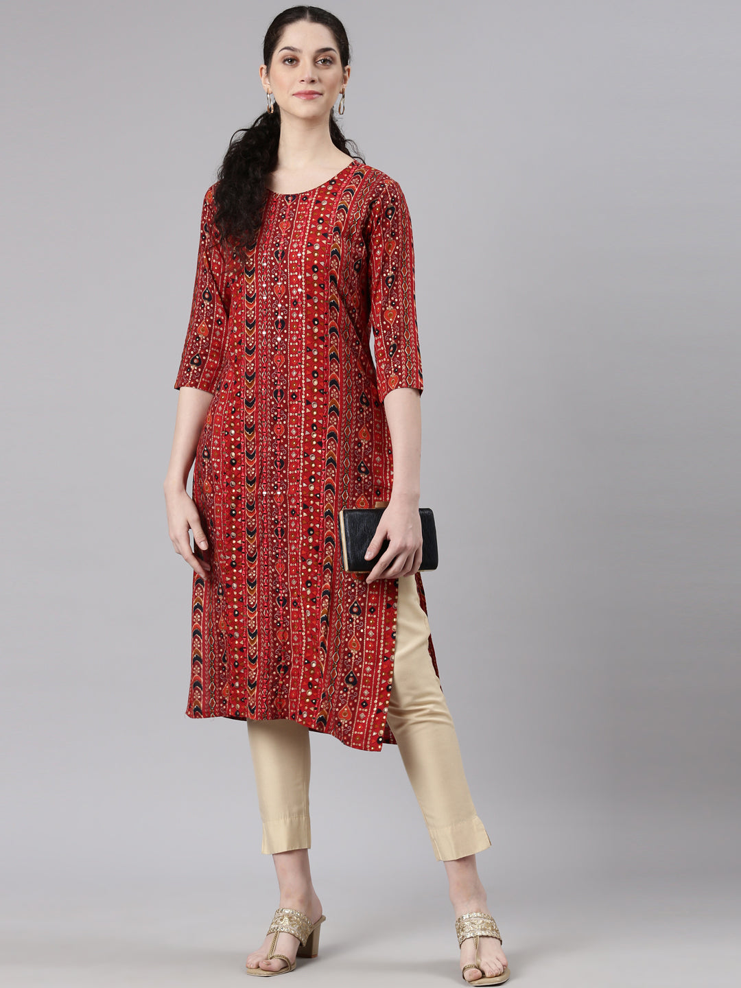 Neerus Red Straight Casual Embellished Kurtas