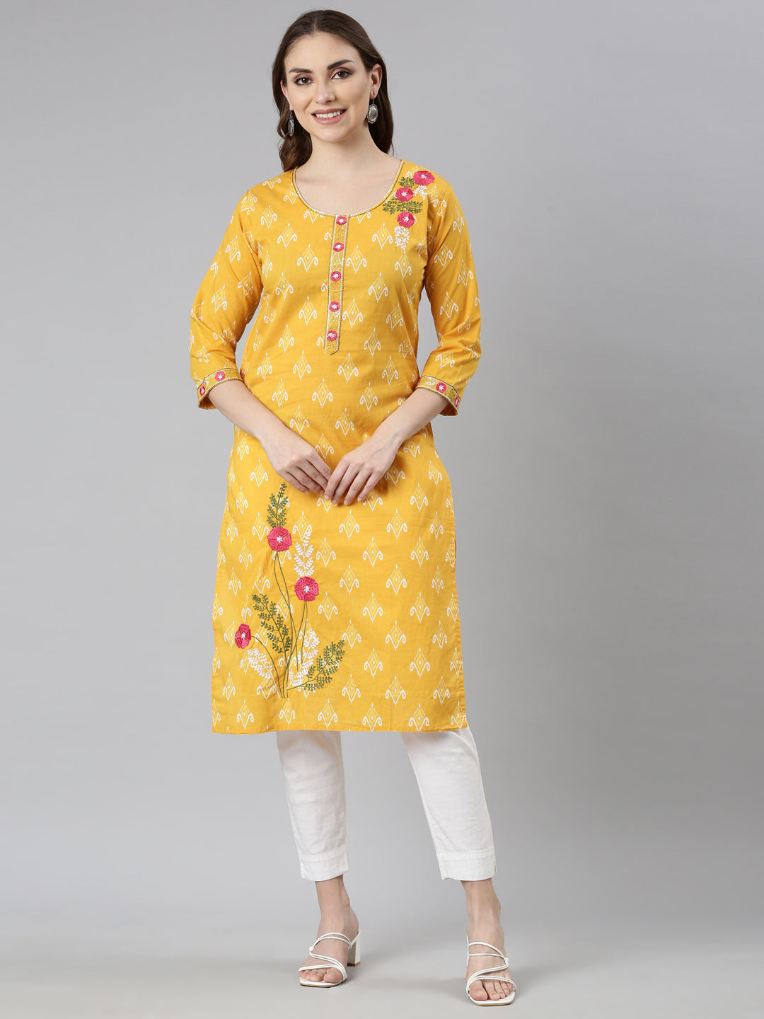 Neerus Mustard Panelled Straight Floral Kurtas