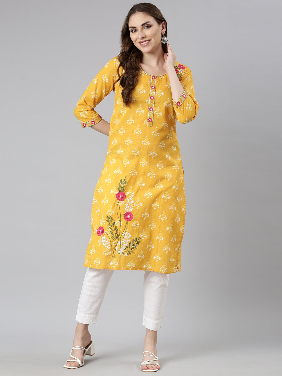 Neerus Mustard Panelled Straight Floral Kurtas