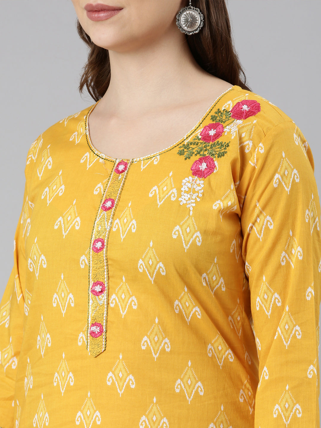 Neerus Mustard Panelled Straight Floral Kurtas