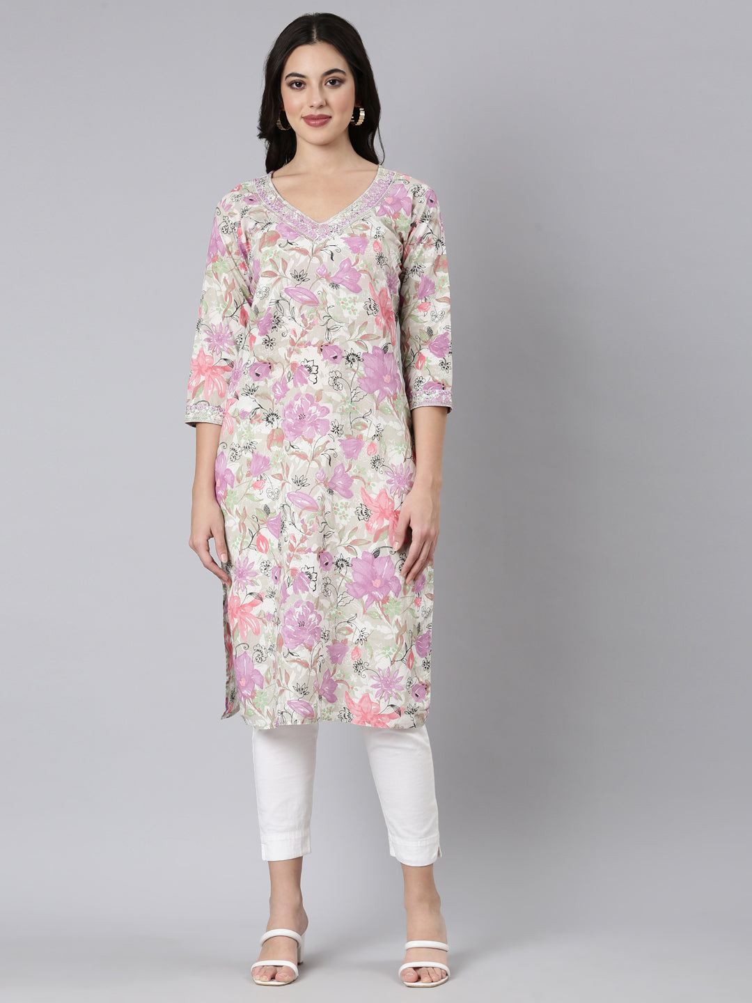 Neerus Lavender Panelled Straight Floral Kurtas