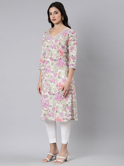 Neerus Lavender Panelled Straight Floral Kurtas