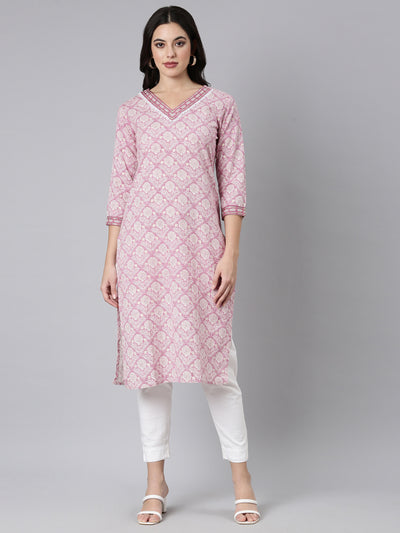 Neerus Pink Panelled Straight Floral Kurtas