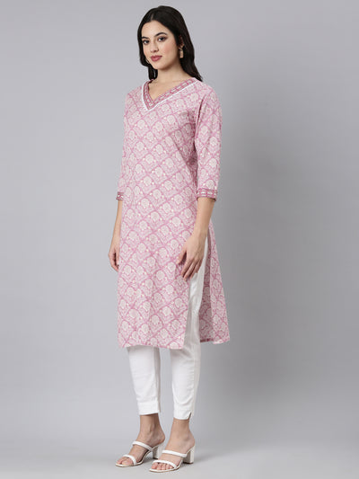 Neerus Pink Panelled Straight Floral Kurtas